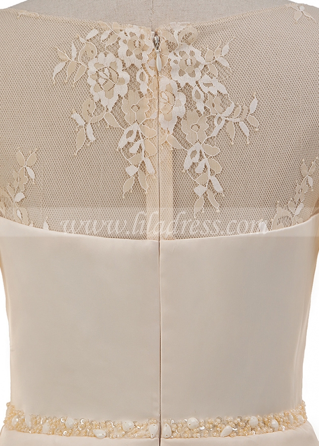 Exquisite Lace & Acetate Satin Scoop Neckline Knee-length Sheath/Column Mother Of The Bride Dresses With Beadings