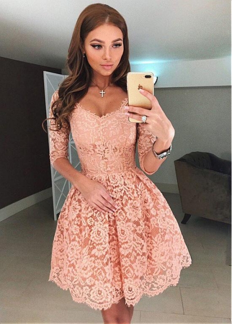 Chic Lace V-neck Neckline 3/4 Length Sleeves Short A-line Homecoming Dress