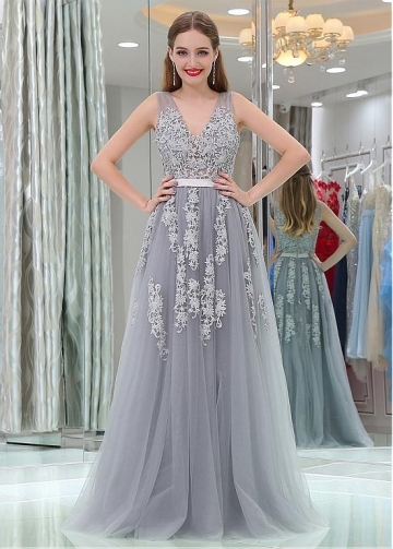 Gorgeous Tulle V-neck Neckline Floor-length A-line Prom Dresses With Lace Appliques & Belt