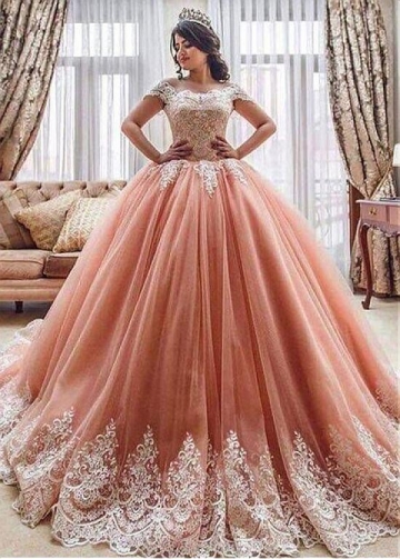 Lavish Tulle Off-the-shoulder Neckline Floor-length Ball Gown Quinceanera Dresses With Lace Appliques