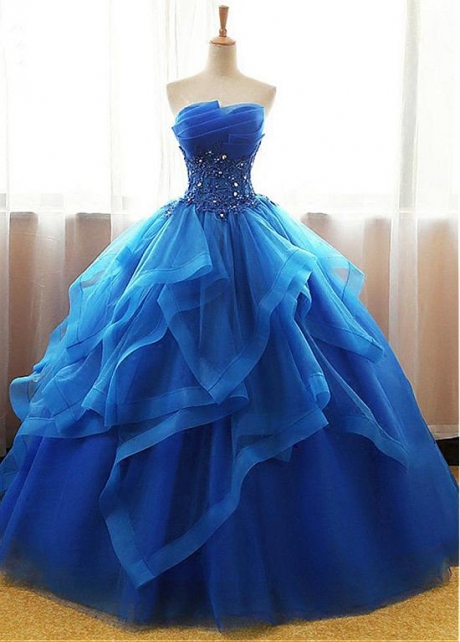 Exquisite Tulle & Organza Strapless Neckline Floor-length Ball Gown Quinceanera Dresses With Beaded Lace Appliques