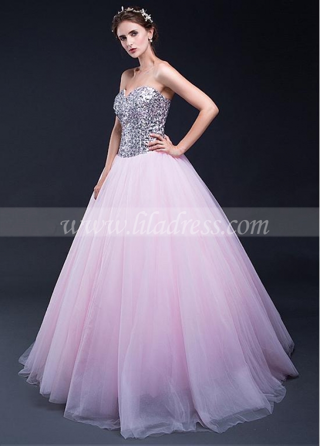 Elegant Tulle & Sequin Lace Sweetheart Neckline Ball Gown Quinceanera Dress With Rhinestones