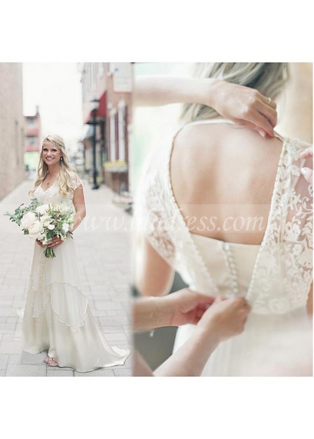 Fantastic Lace & Tulle V-neck Neckline A-line Wedding Dress With Beadings
