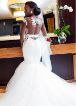 Alluring Tulle & Satin Sheer Jewel Neckline Mermaid Wedding Dress With Beaded Lace Appliques