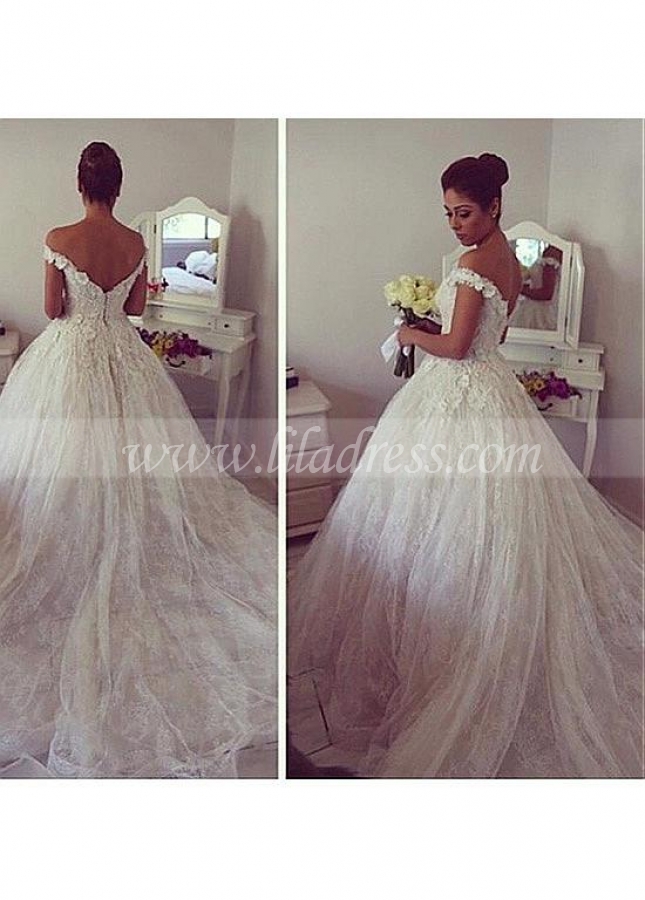 Fantastic Lace Off-the-shoulder Neckline Ball Gown Wedding Dresses With 3D Flowers