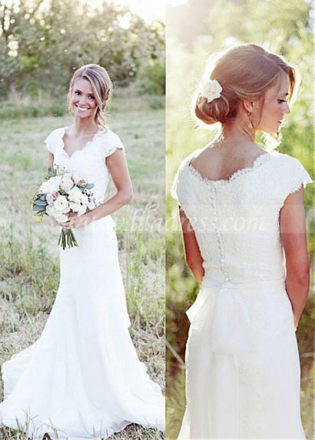 Marvelous Tulle & Chiffon V-neck Neckline Mermaid Wedding Dresses With Lace Appliques