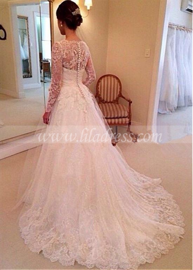 Charming Tulle V-neck Neckline A-line Wedding Dresses With Lace Appliques