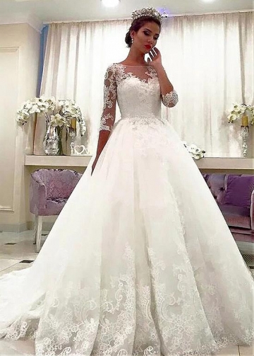 Attractive Tulle Bateau Neckline A-line Wedding Dress With Beadings & Lace Appliques