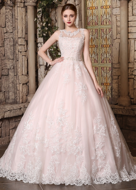 Romantic Tulle Jewel Neckline Ball Gown Wedding Dress With Beaded Lace Appliques