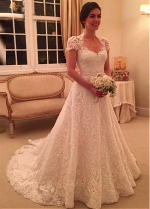 Marvelous Tulle & Lace Queen Anne Neckline A-line Wedding Dress With Beadings & Lace Appliques