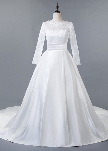 Romantic Tulle & Satin Jewel Neckline A-Line Wedding Dress With Lace Appliques & Pockets