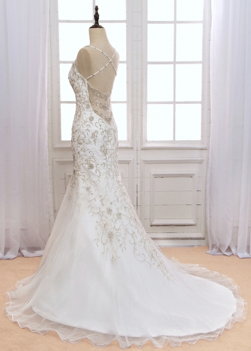 Sparkling Tulle V-neck Neckline Mermaid Wedding Dress With Beaded Embroidery