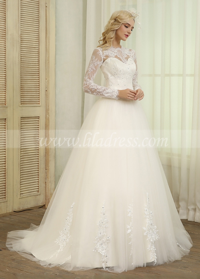 Gorgeous Tulle Jewel Neckline Ball Gown Wedding Dresses With Beaded Lace Appliques