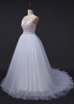 Amazing Tulle Jewel Neckline See-through A-line Wedding Dress With Lace Appliques & Beading & Belt