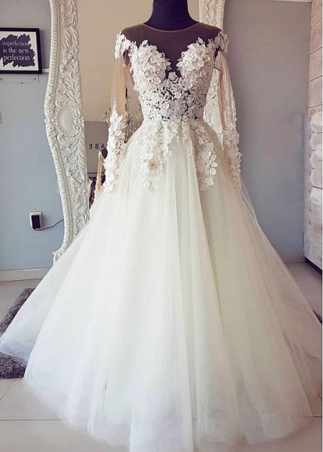 Fascinating Tulle Jewel Neckline A-line Wedding Dresses With Lace Appliques & Beaded 3D Flowers