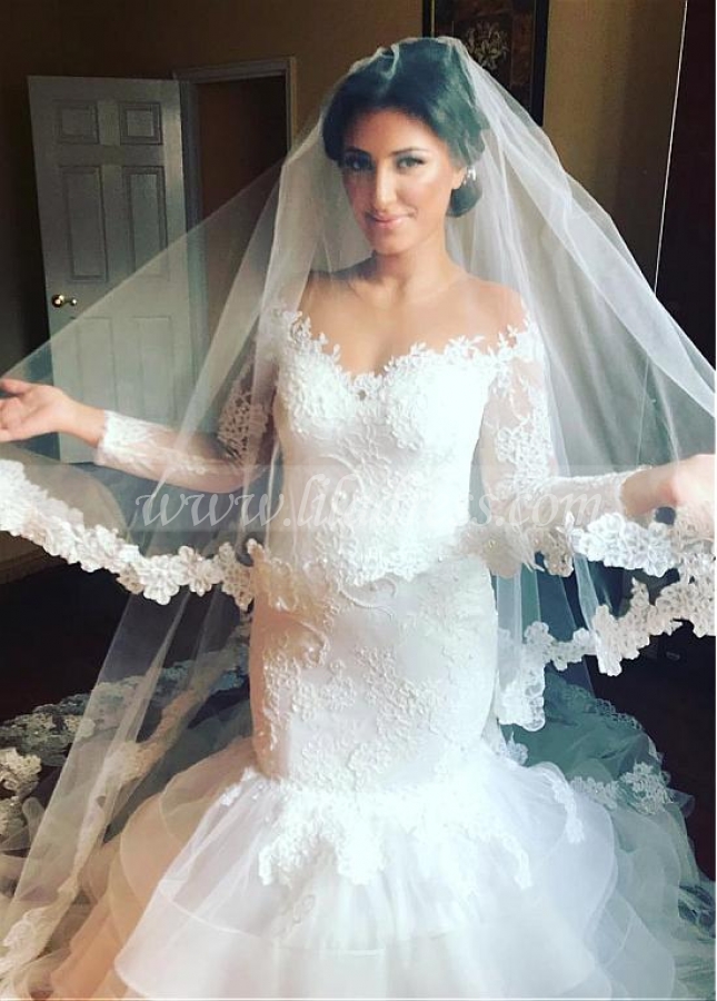 Dazzling Tulle Jewel Neckline Mermaid Wedding Dresses With Lace Appliques & Beadings