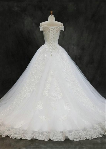 Unique Tulle Off-the-shoulder Neckline Ball Gown Wedding Dresses With Beaded Lace Appliques & Sequins