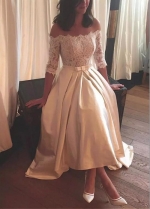 Graceful Lace & Satin Off-the-shoulder Neckline Hi-lo A-line Wedding Dresses With Belt & Bowknot