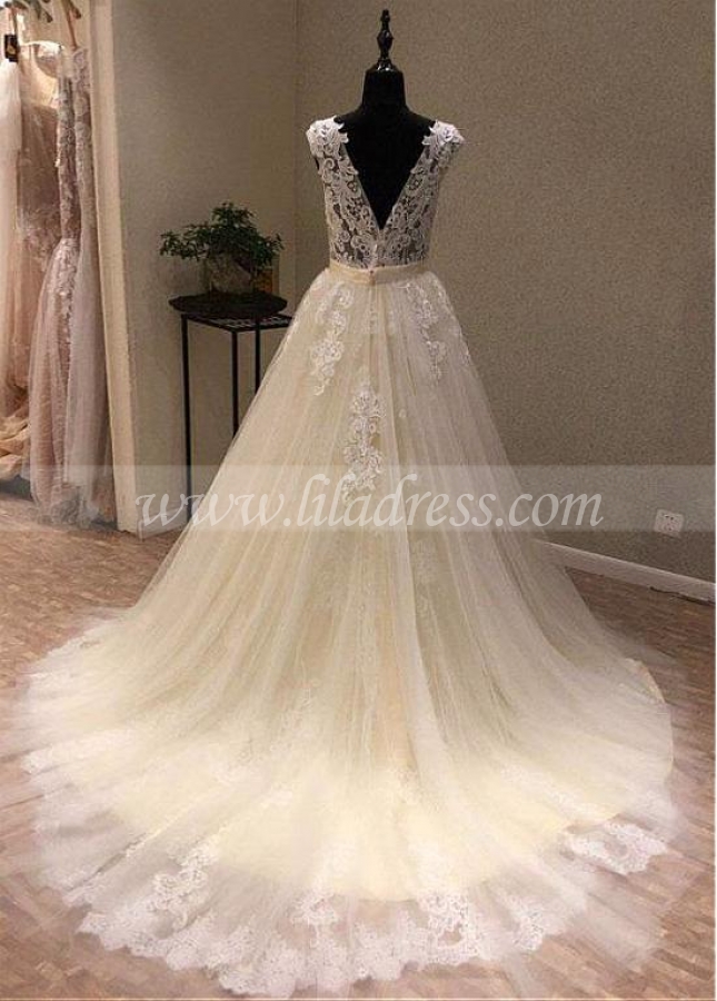 Luxury Tulle V-neck Neckline 2 In 1 Wedding Dresses With Lace Appliques & Detachable Train & Belt