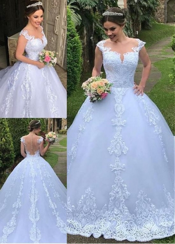 Luxury Tulle Jewel Neckline Ball Gown Wedding Dresses With Lace Appliques & Beadings