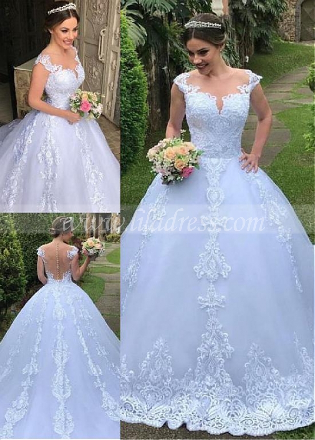 Luxury Tulle Jewel Neckline Ball Gown Wedding Dresses With Lace Appliques & Beadings