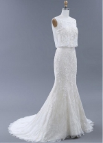 Elegant Tulle & Lace Bateau Neckline Mermaid Wedding Dresses With Beadings & Lace Appliques