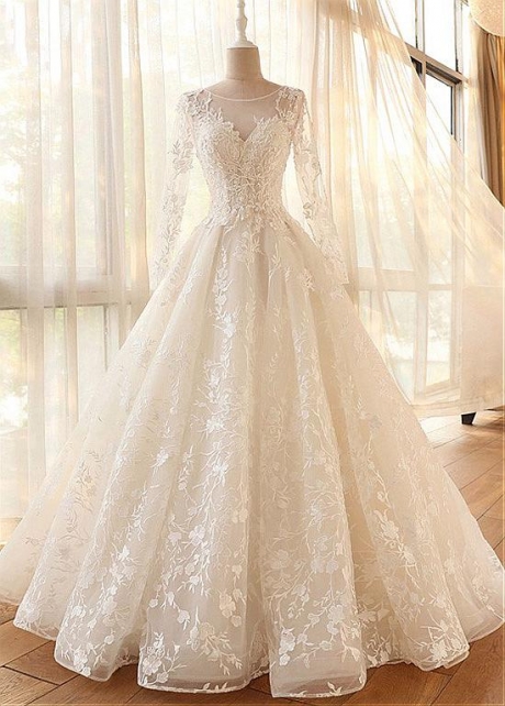 Romantic Tulle Jewel Neckline A-line Wedding Dresses With Lace Appliques & Beadings