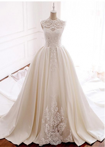 Marvelous Tulle & Satin Illusion High Collar Ball Gown Wedding Dress With Lace Appliques & Beadings