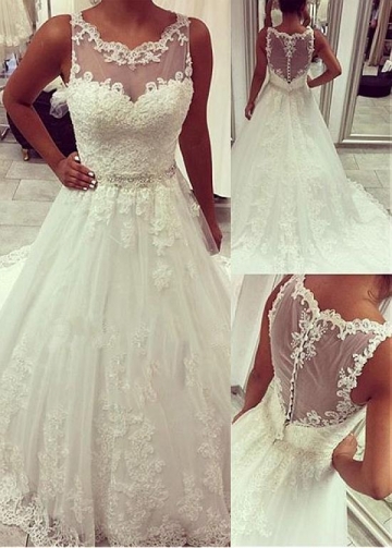 Romantic Tulle Jewel Neckline A-line Wedding Dress With Lace Appliques & Beadings