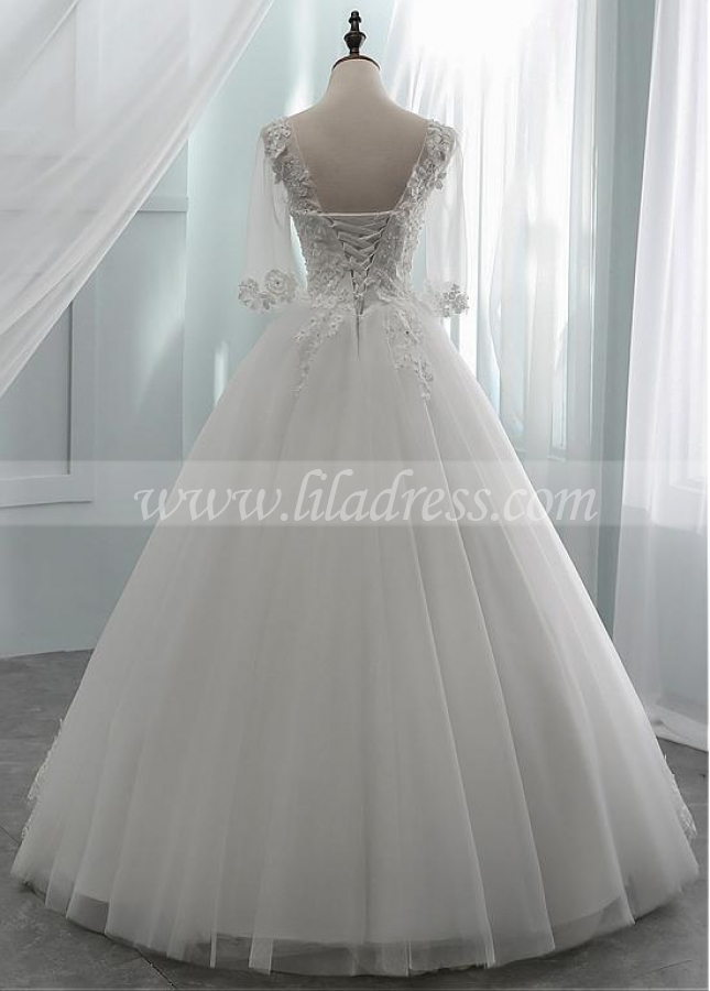 Fabulous Tulle Scoop Neckline A-line Wedding Dress With Beadings & Lace Appliques