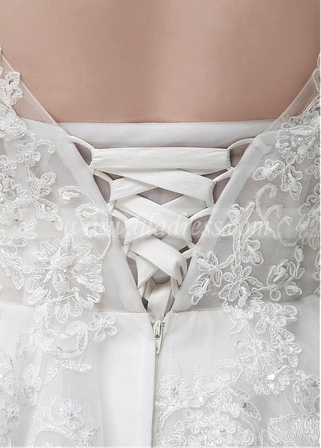 Fantastic Tulle Bateau Neckline A-line Wedding Dress With Beaded Lace Appliques