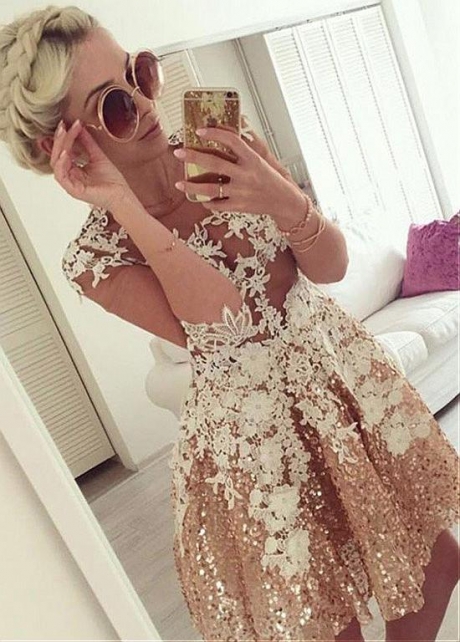 Brilliant SequinJewel Neckline Half Sleeves Short A-line Homecoming Dress With Lace Appliques