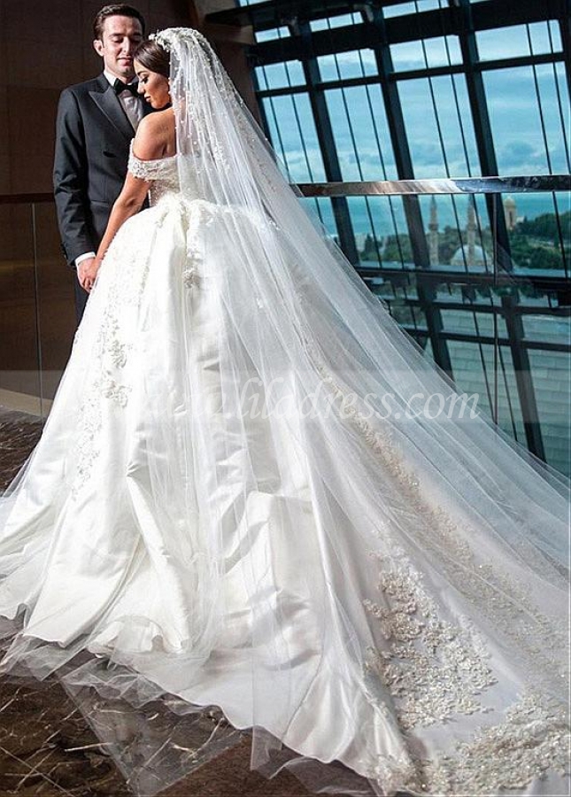 Modest Satin & Tulle Off-the-shoulder Neckline Ball Gown Wedding Dress With Beaded Lace Appliques