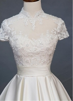 Vintage Tulle & Satin High Collar A-line Wedding Dress With Beaded Lace Appliques