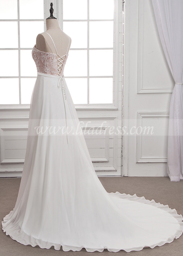 Elegant Tulle & Chiffon Spaghetti Straps Neckline Natural Waistline A-line Wedding Dress With Beaded Lace Appliques