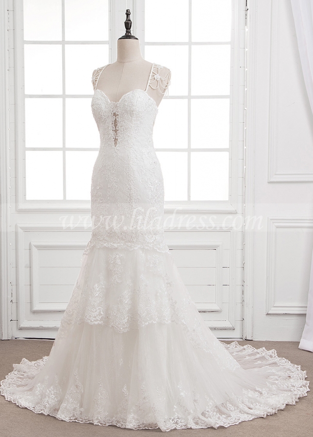 Junoesque Tulle & Lace Sweetheart Neckline Mermaid Wedding Dress With Lace Appliques & Beadings