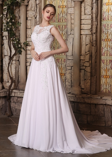 Elegant Chiffon Jewel Neckline A-line Wedding Dresses With Beaded Lace Appliques