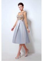 Graceful Tulle & Satin Scoop Neckline Tea-length A-line Homecoming Dresses With Beadings