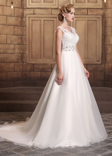 Elegant Organza Satin V-neck Neckline A-line Wedding Dresses
