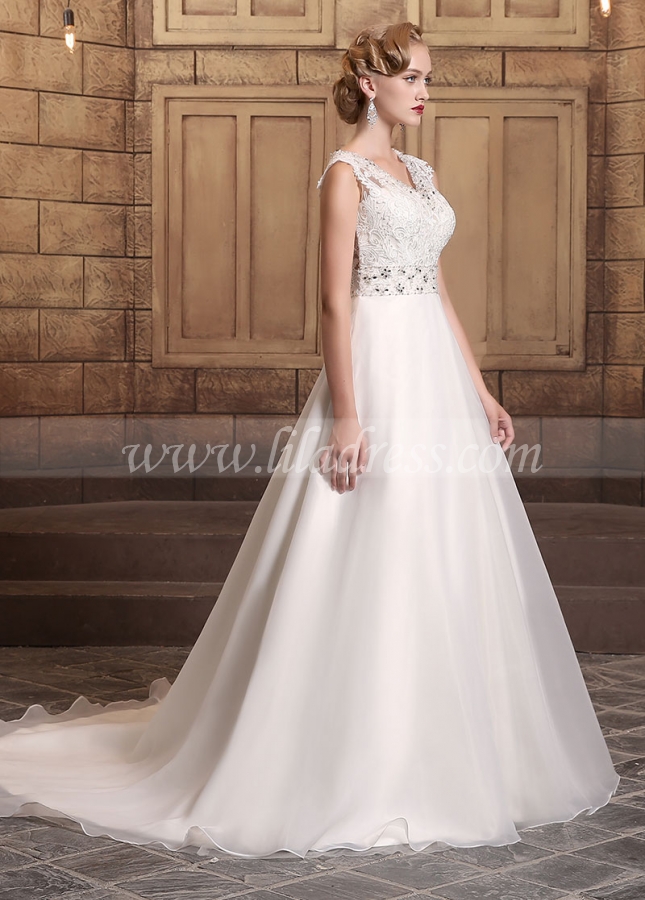 Elegant Organza Satin V-neck Neckline A-line Wedding Dresses