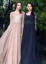 Beaded Lace Champagne Chiffon Evening Dresses with Sheer Long Sleeves
