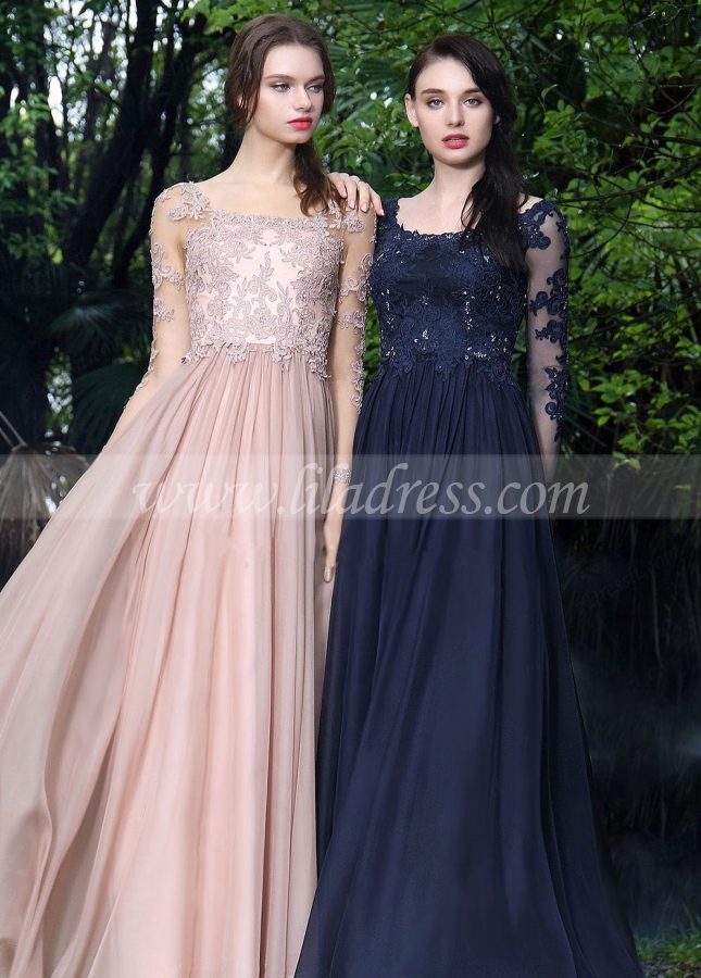 Beaded Lace Champagne Chiffon Evening Dresses with Sheer Long Sleeves