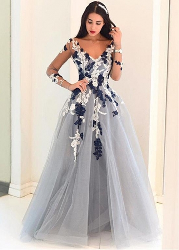 Silver Tulle V-neck Neckline Floor-length A-line Prom Dresses With Illusion Sleeves