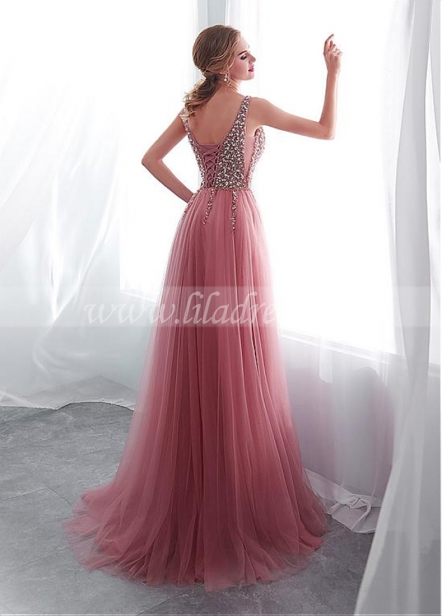 Delicate Tulle V-neck Neckline A-line Evening Dress With Beadings