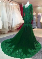 Beautiful Tulle V-neck Neckline Floor-length Mermaid Evening Dresses With Long Sleeves
