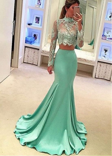 Fabulous Satin High Collar Neckline Two-piece Mermaid Evening Dresses With Lace Appliques