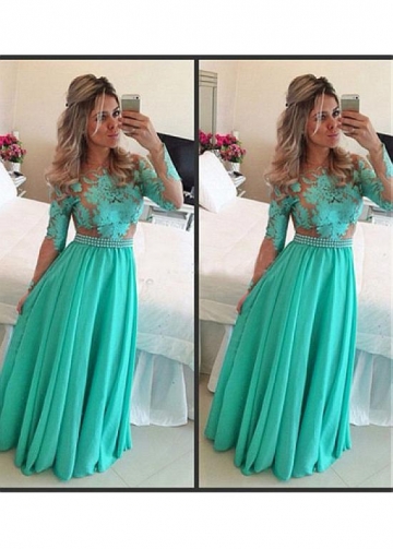Chic Chiffon Jewel Neckline Floor-length A-line Prom Dresses With Sleeves
