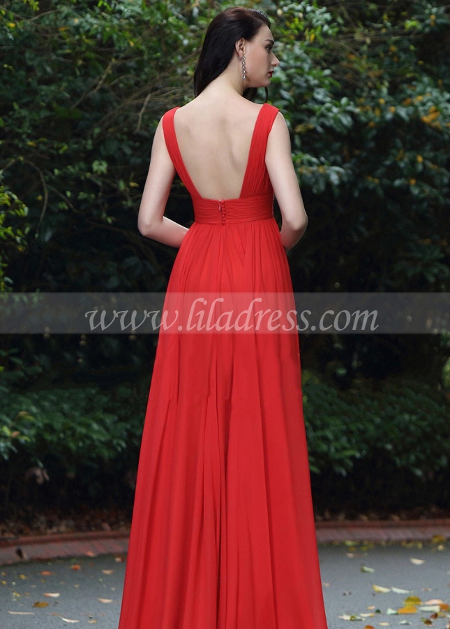 A-line Floor Length V-neck Red Chiffon Long Prom Gowns