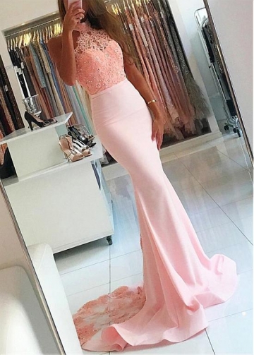 Popular Satin High Collar Neckline Mermaid Prom Dresses With Beaded Lace Appliques & Belt