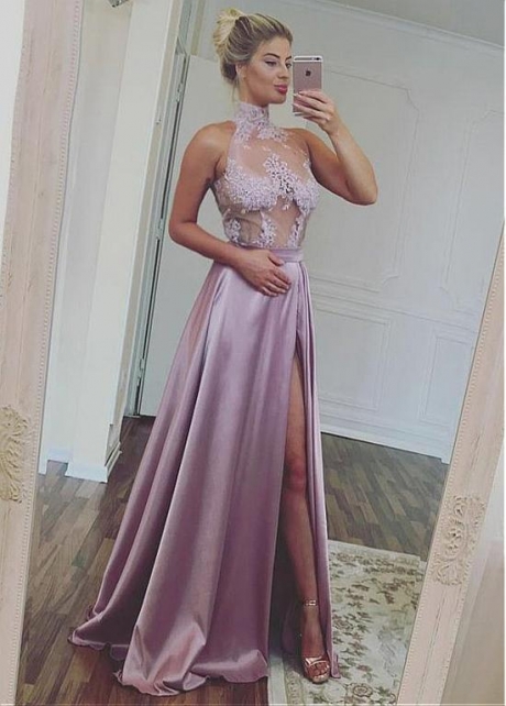 Fashionable Satin High Collar Neckline A-line Prom Dress With Beaded Lace Appliques